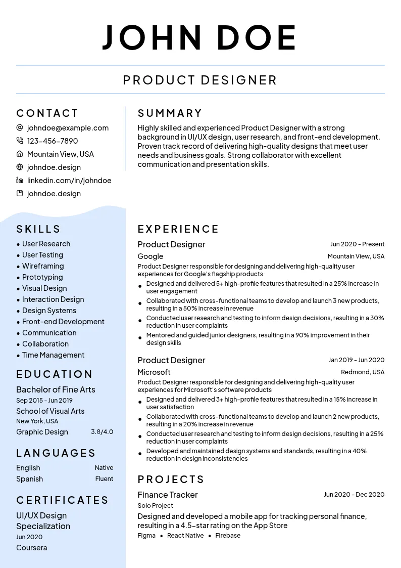 Product Designer resume example