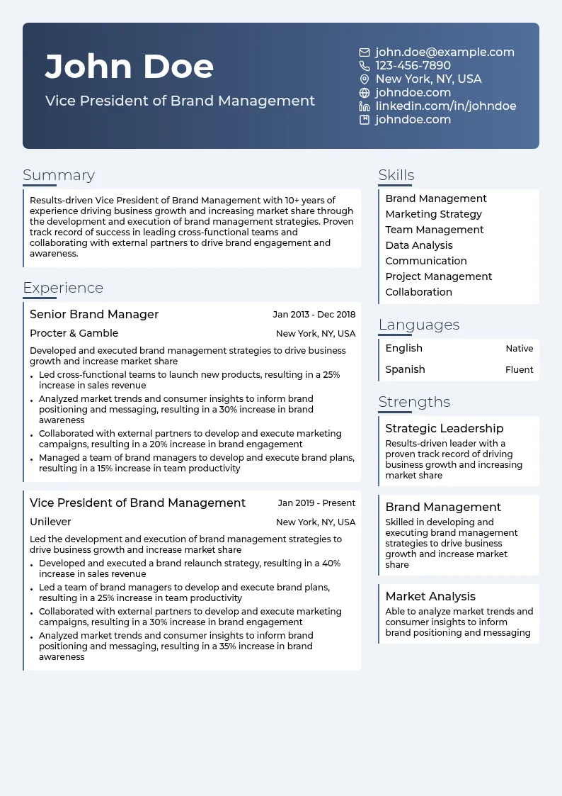 Vice President of Brand Management resume example