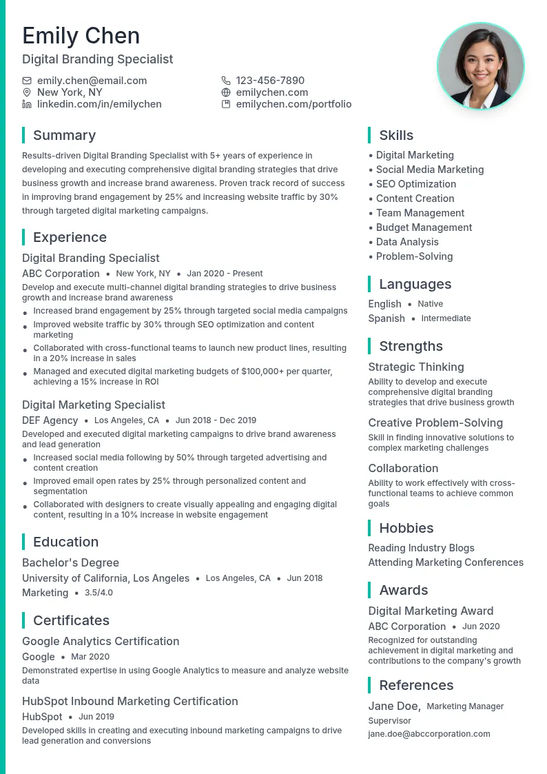 Digital Branding Specialist resume example