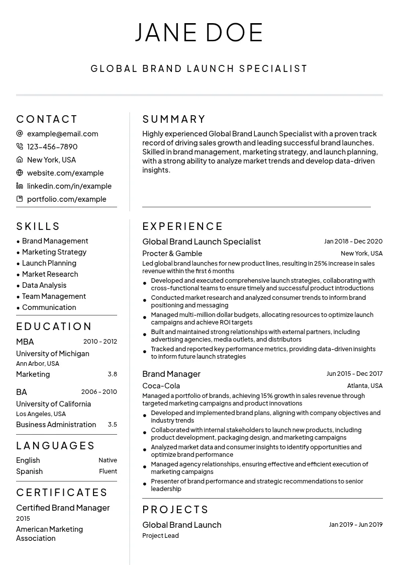Global Brand Launch Specialist resume example
