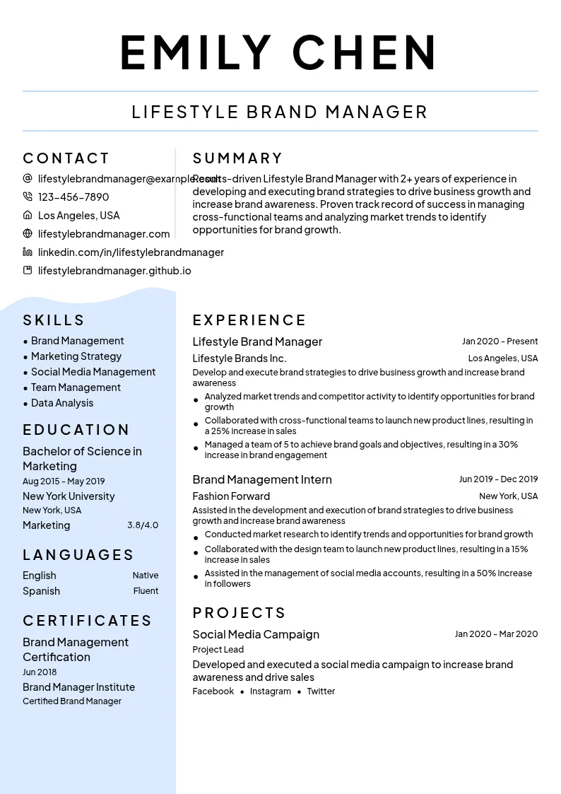 Lifestyle Brand Manager resume example
