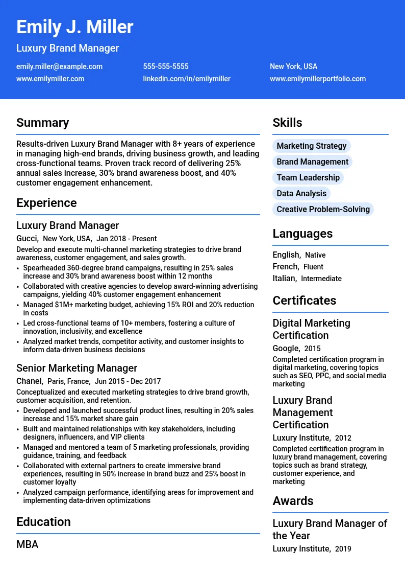 Luxury Brand Manager resume example