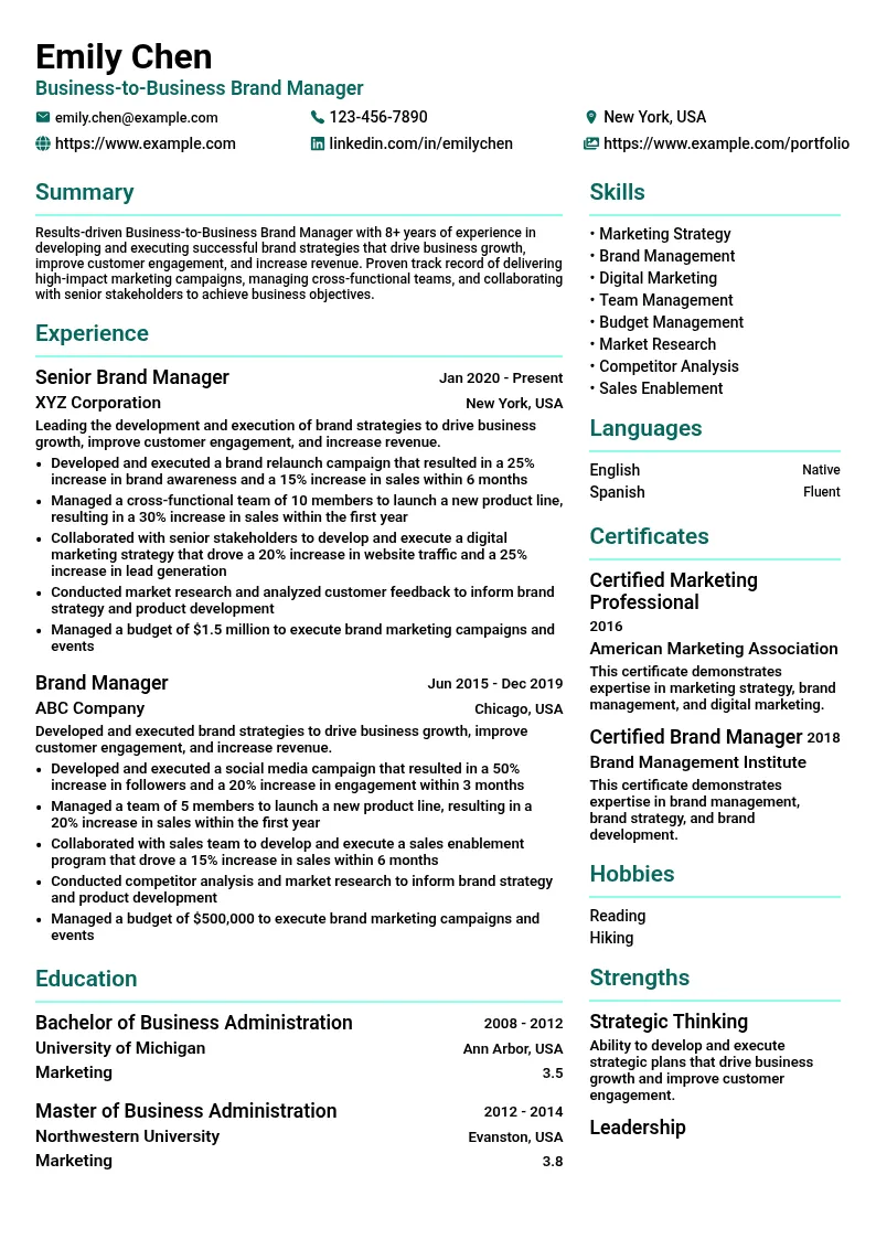 Business-to-Business Brand Manager resume example