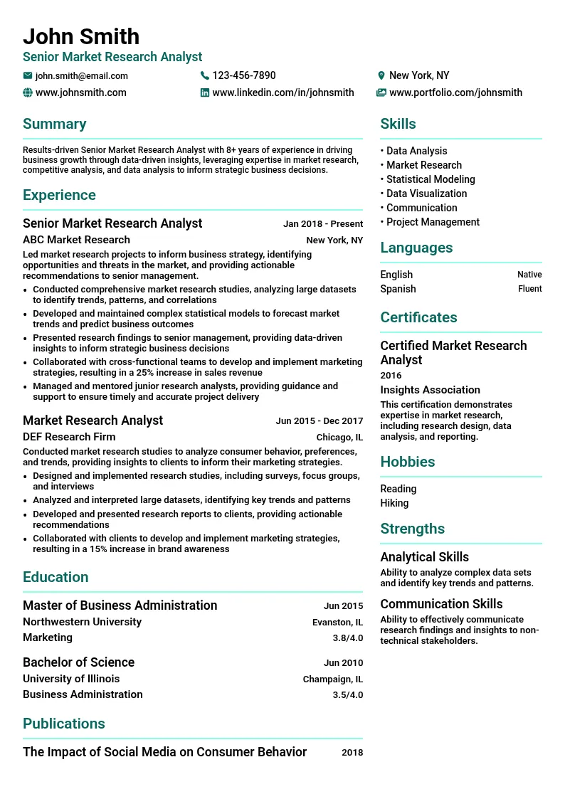 Senior Market Research Analyst resume example