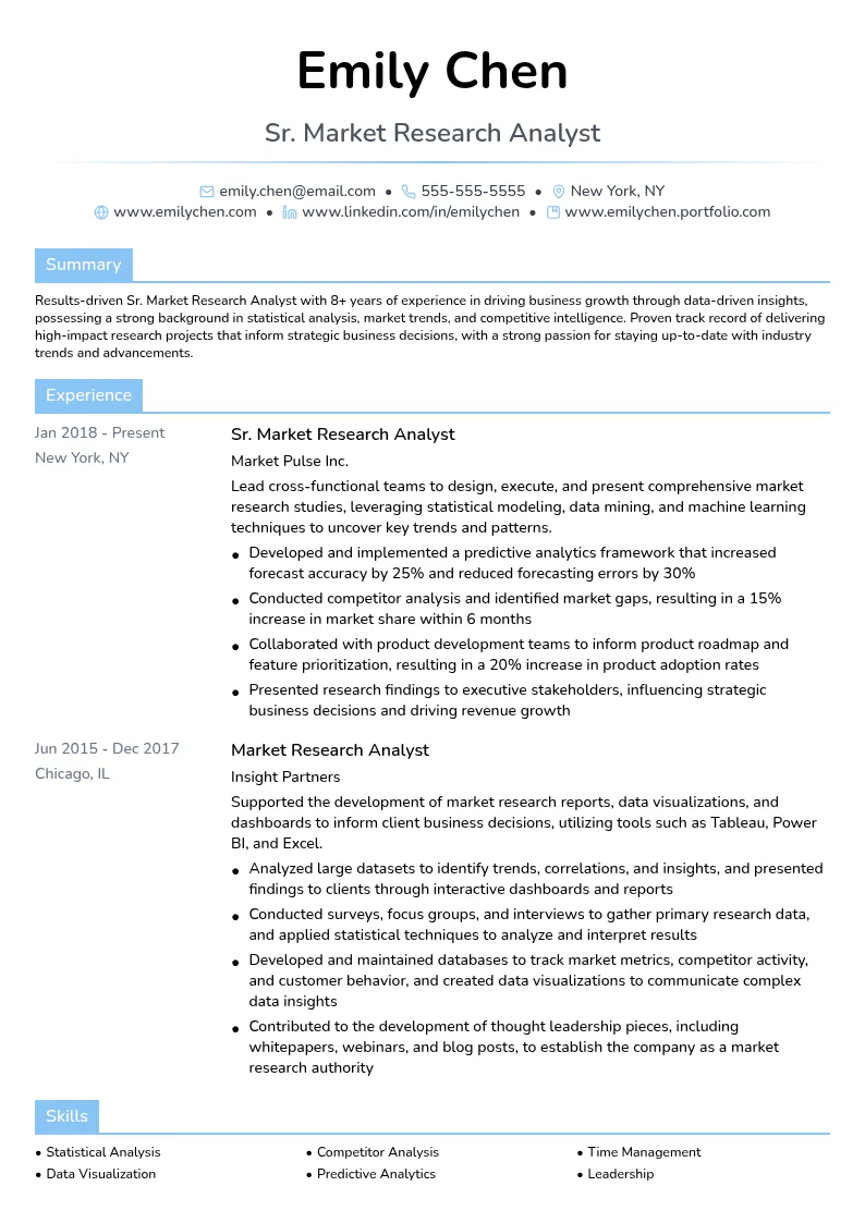 Sr. Market Research Analyst resume example