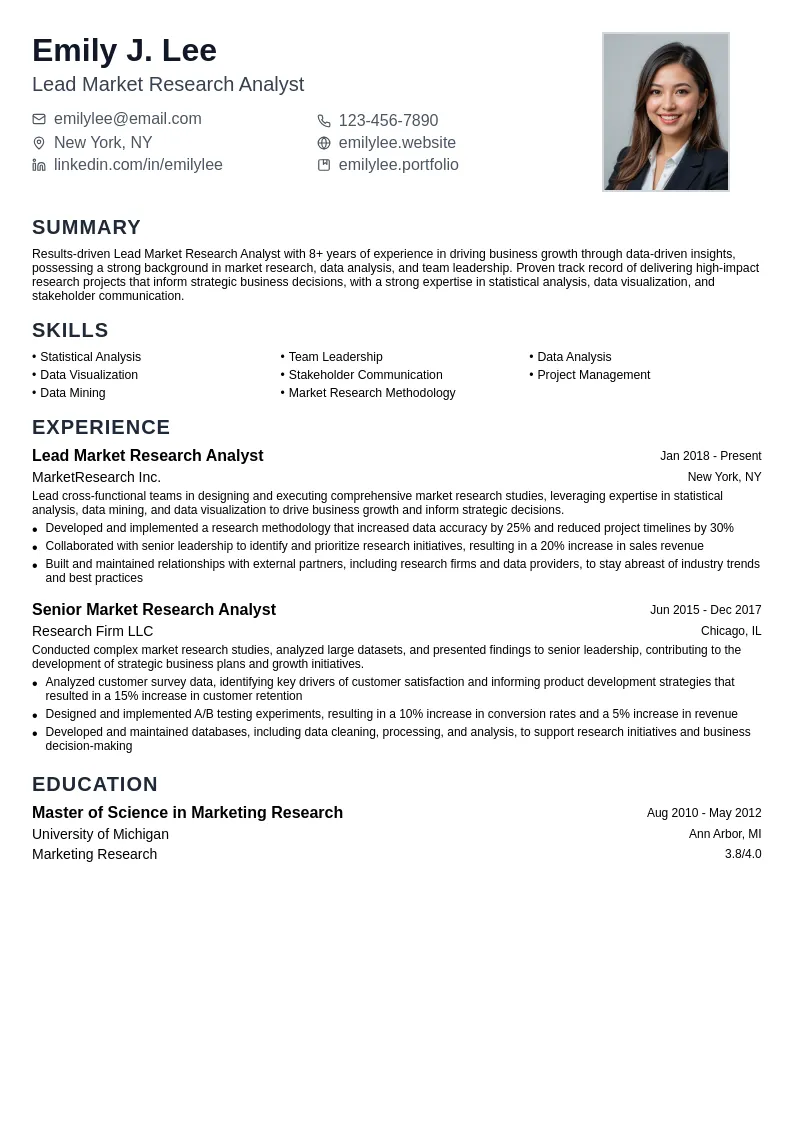 Lead Market Research Analyst resume example
