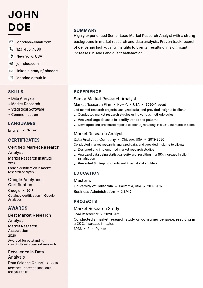 Senior Lead Market Research Analyst resume example