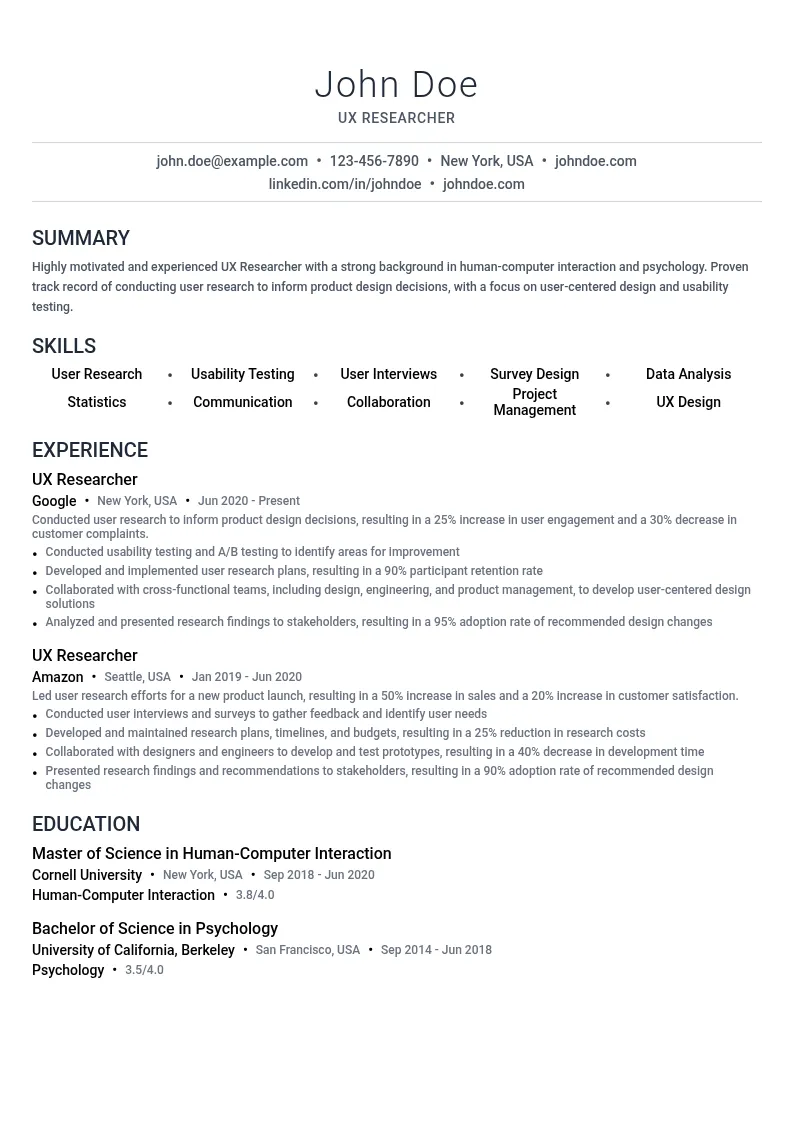 UX Researcher resume example
