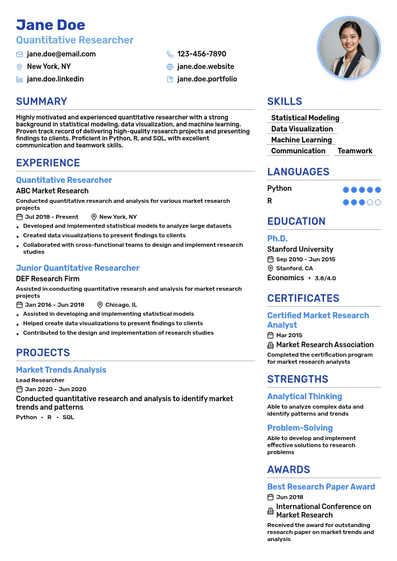Quantitative Researcher resume example
