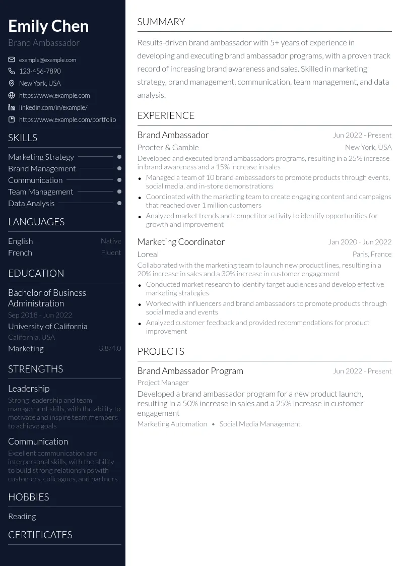 Brand Ambassador resume example