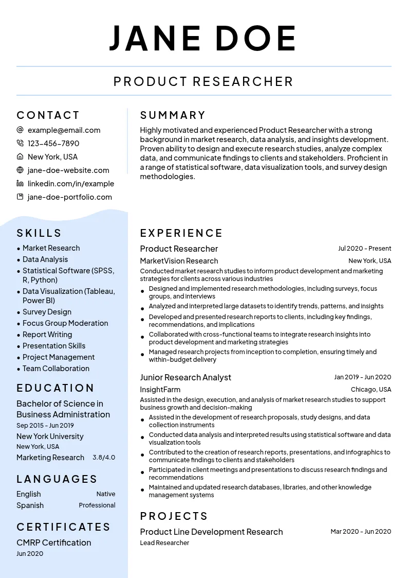 Product Researcher resume example