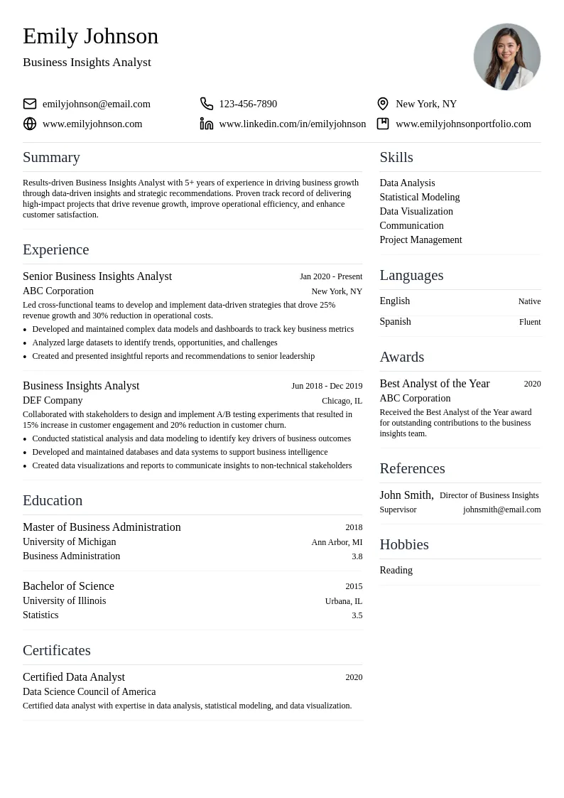 Business Insights Analyst resume example