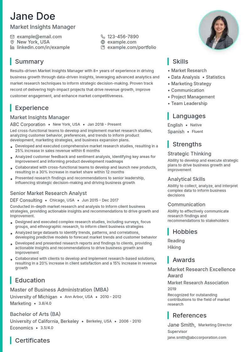 Market Insights Manager resume example