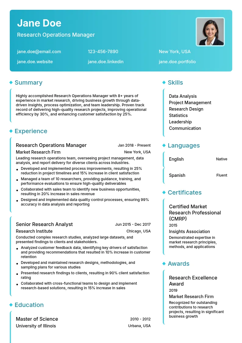 Research Operations Manager resume example