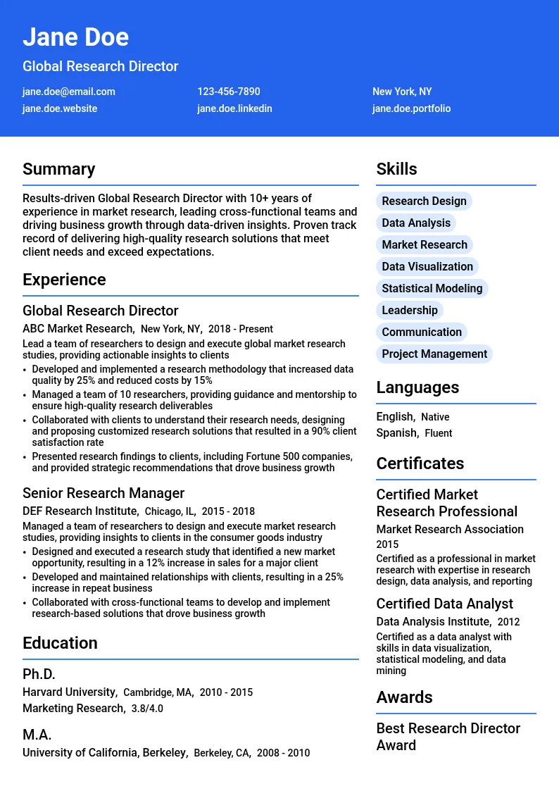 Global Research Director resume example