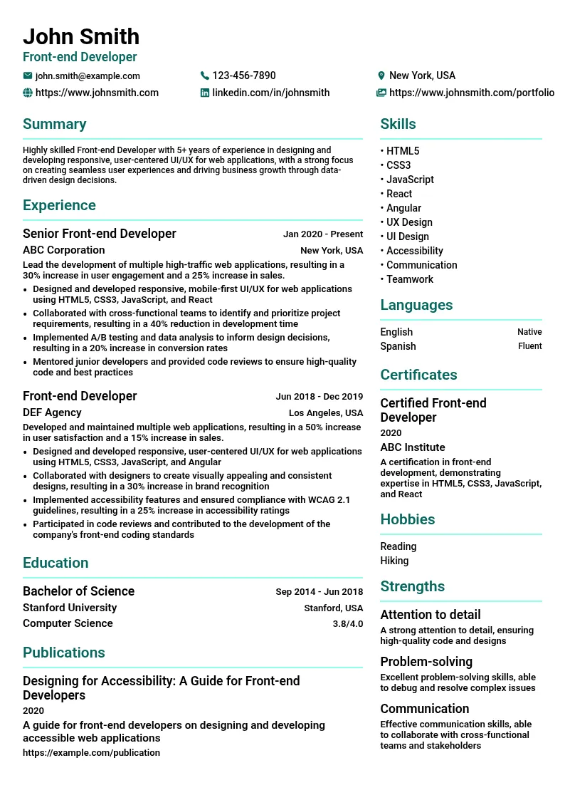 Front-end Developer - UI/UX Focus resume example