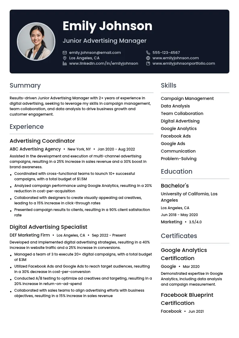 Junior Advertising Manager resume example