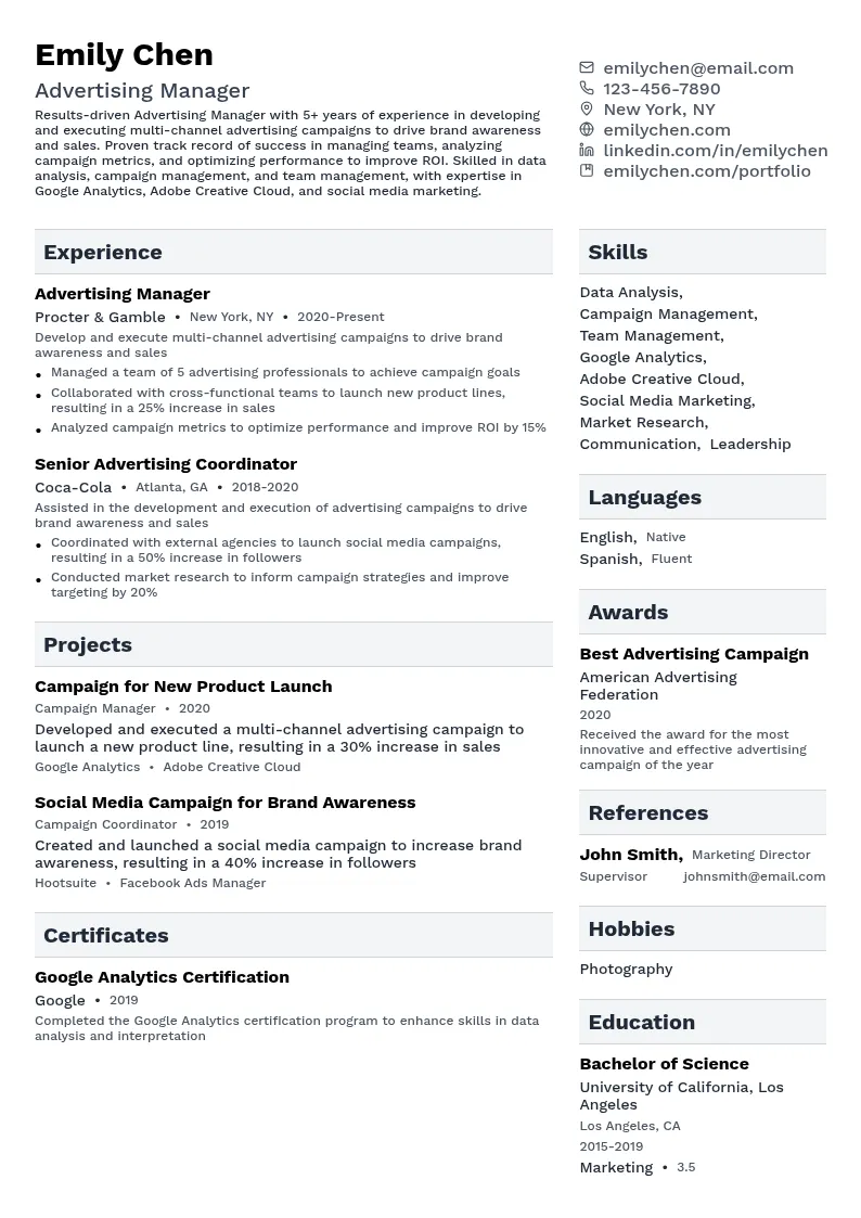 Advertising Manager resume example