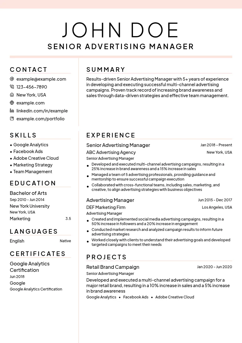 Senior Advertising Manager resume example