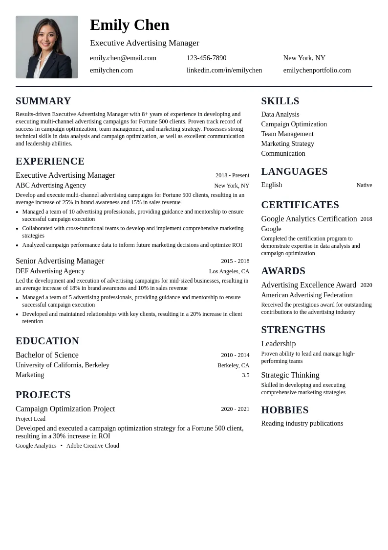 Executive Advertising Manager resume example