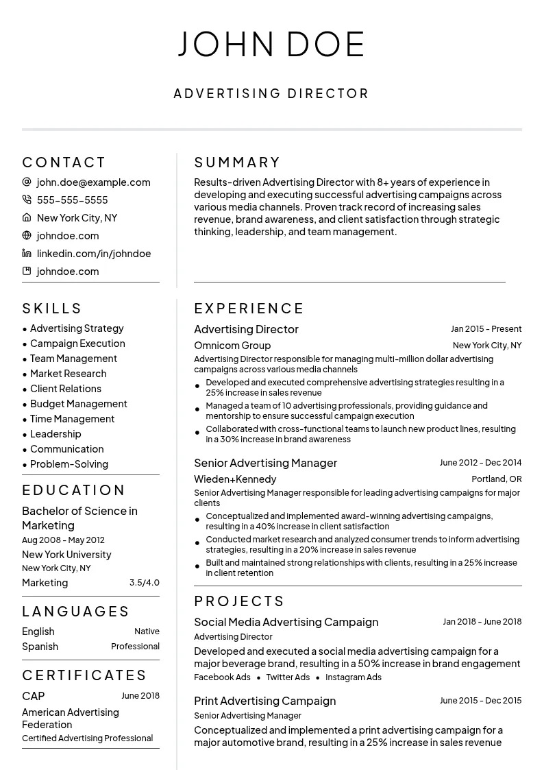Advertising Director resume example