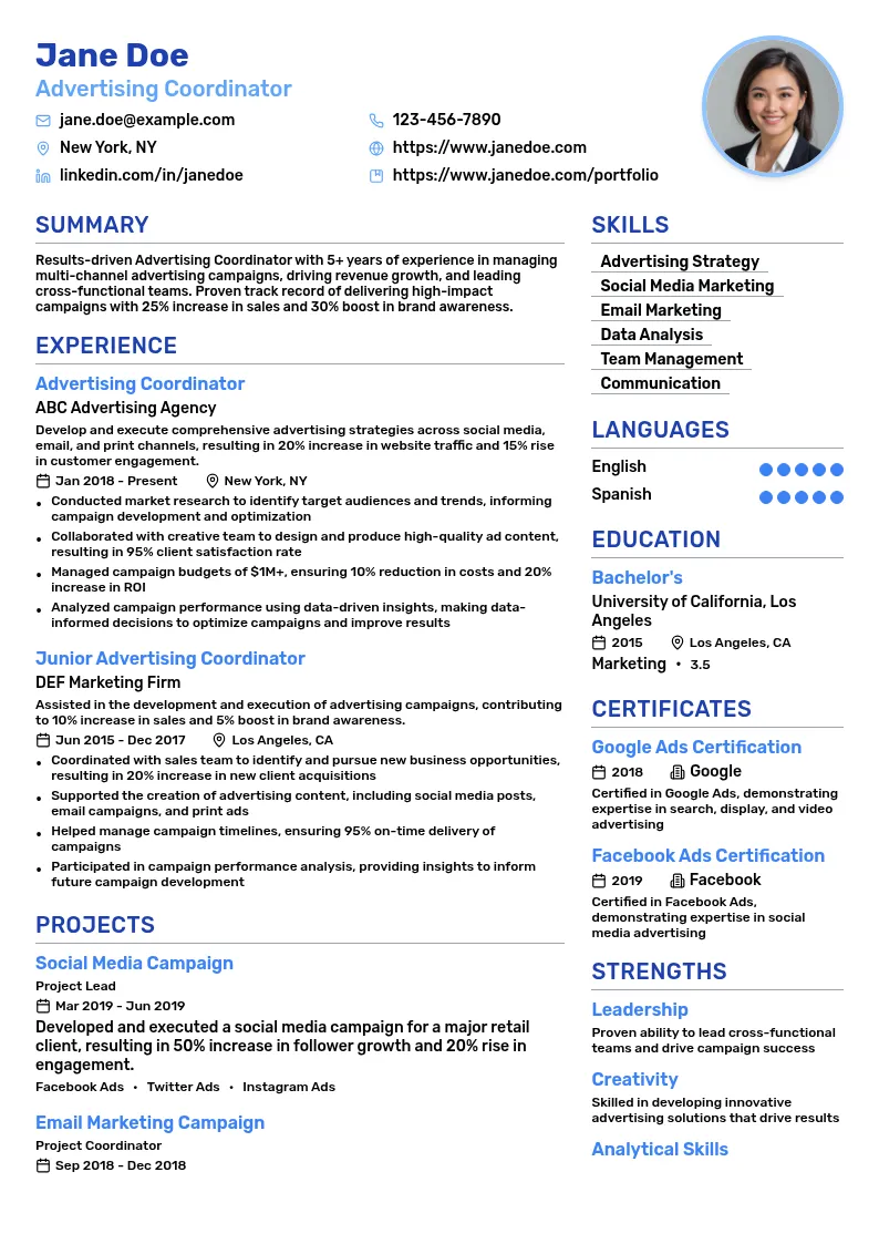Advertising Coordinator resume example