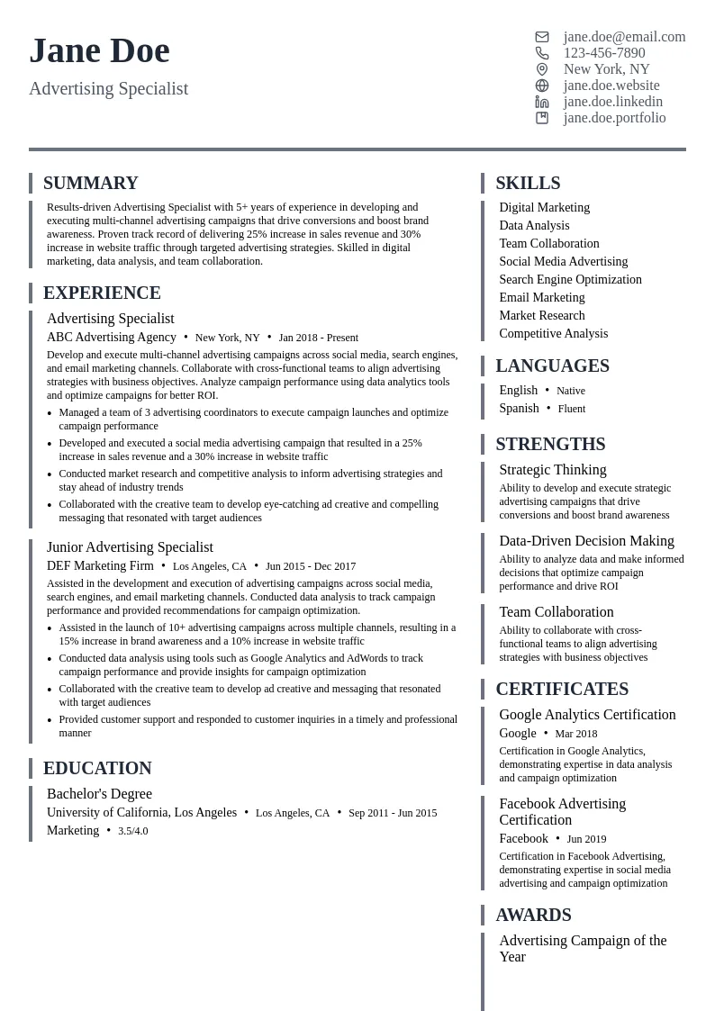Advertising Specialist resume example