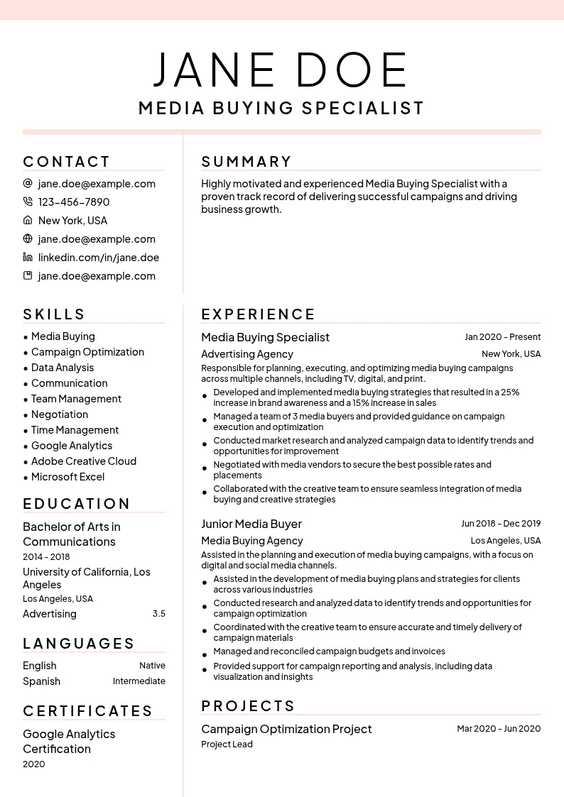 Media Buying Specialist resume example