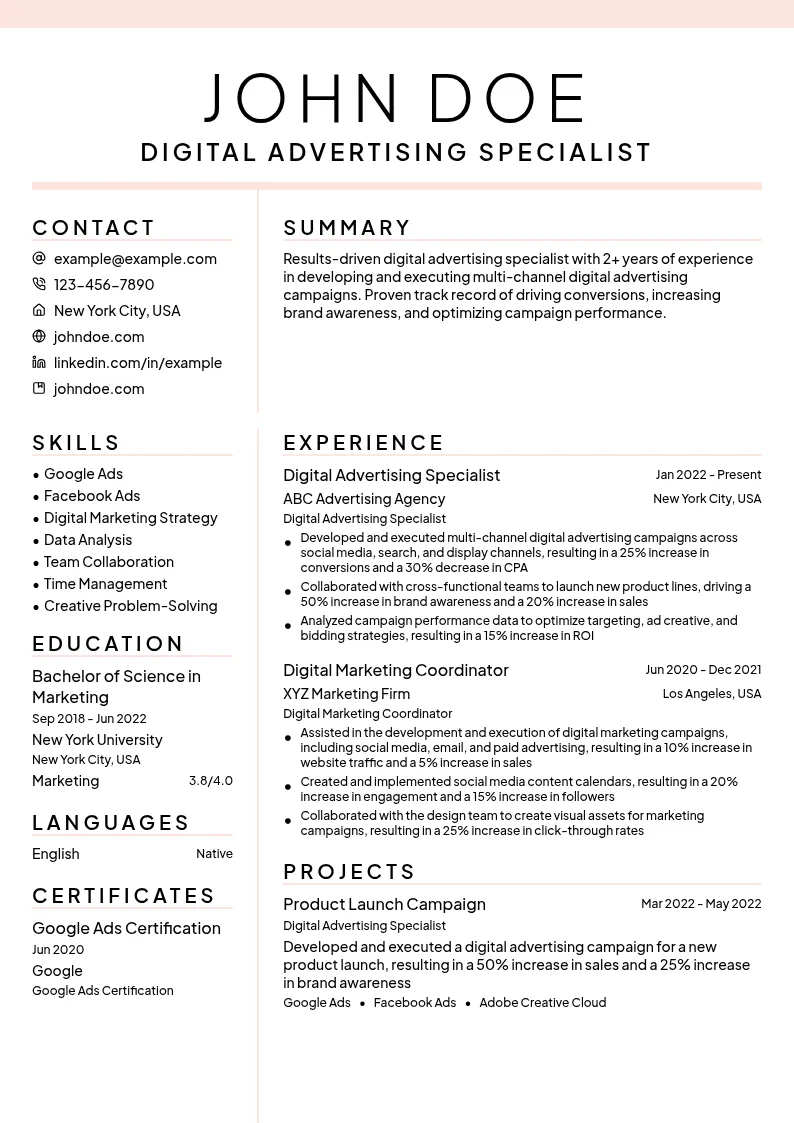 digital Advertising Specialist resume example