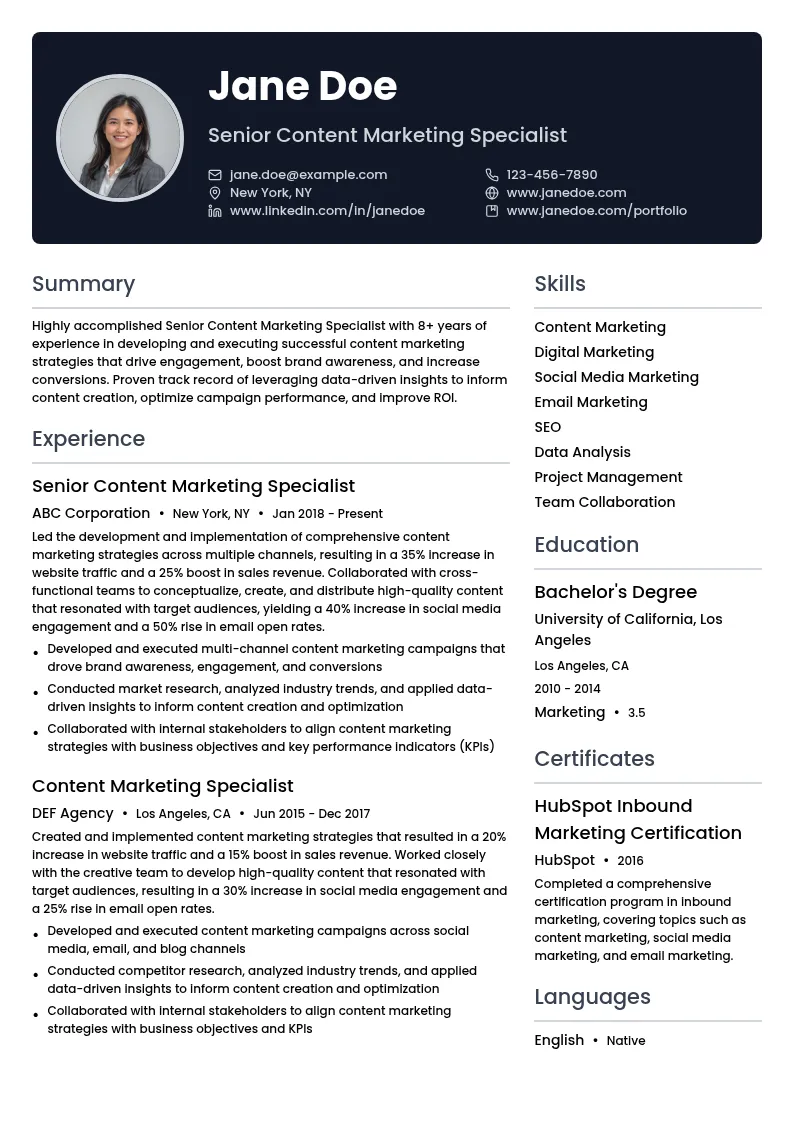 Senior Content Marketing Specialist resume example