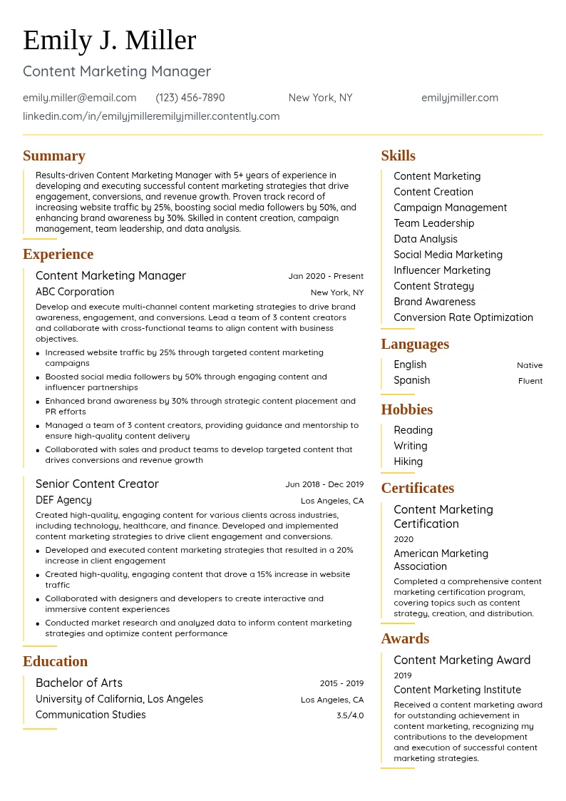Content Marketing Manager resume example