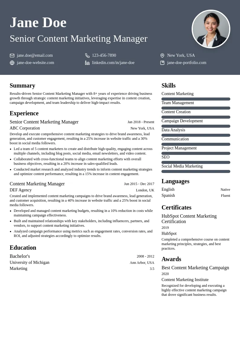 Senior Content Marketing Manager resume example