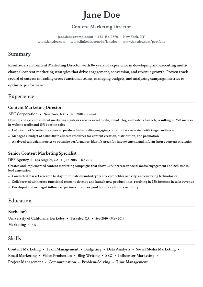 Content Marketing Director resume example