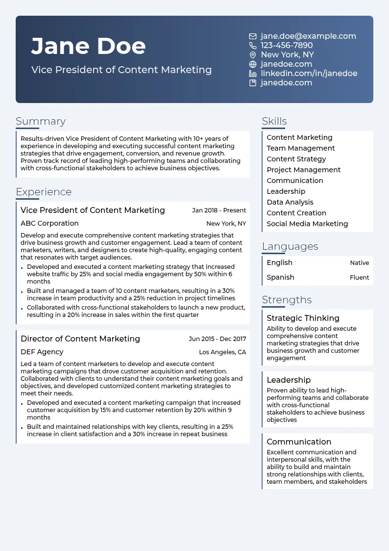 Vice President of Content Marketing resume example