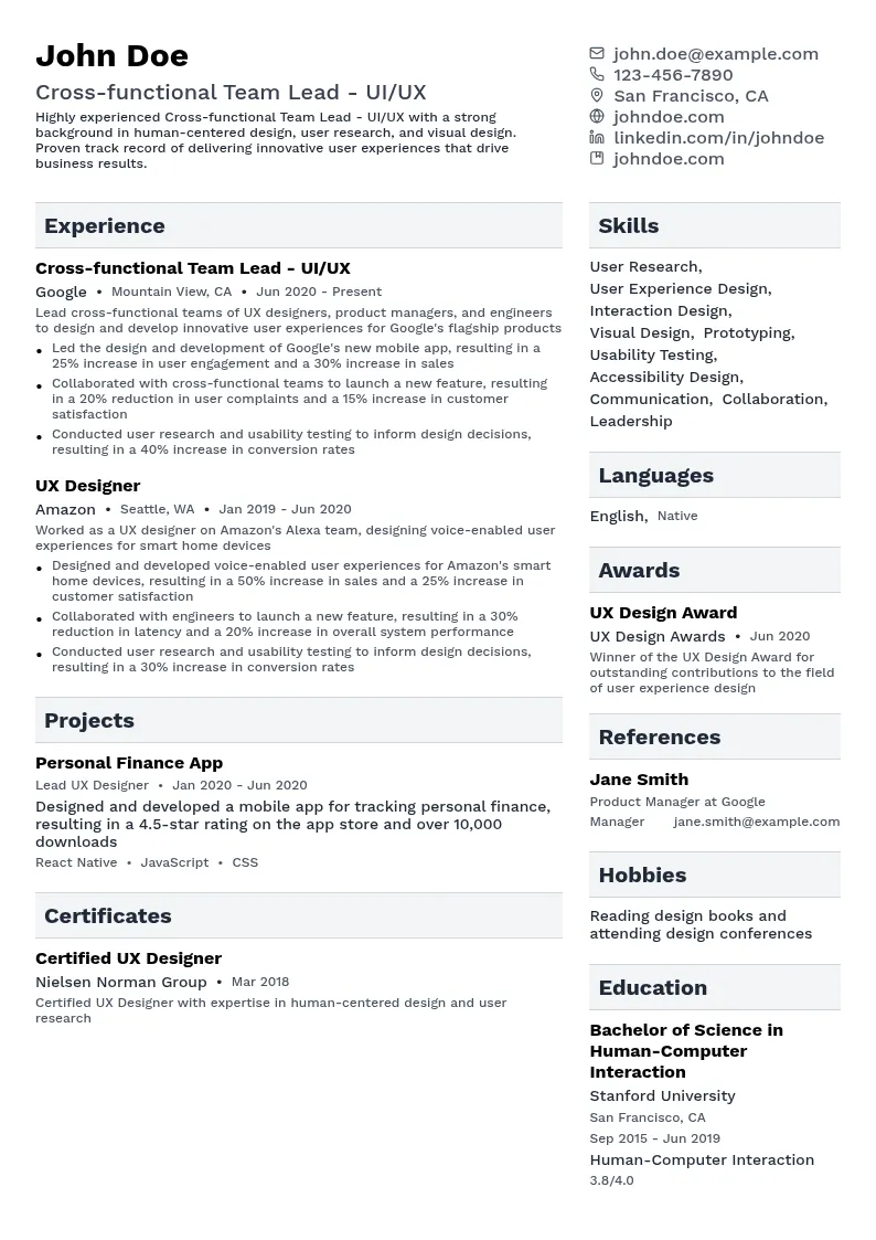 Cross-functional Team Lead - UI/UX resume example