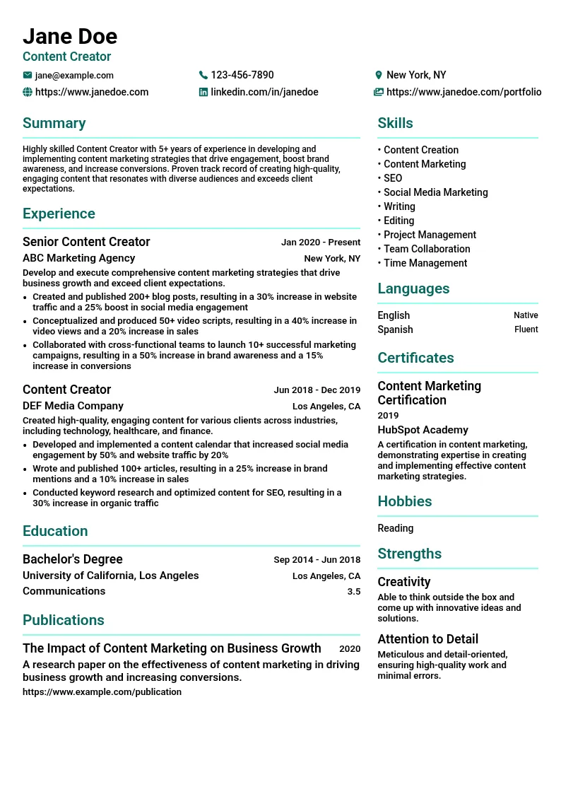 Content Creator resume example