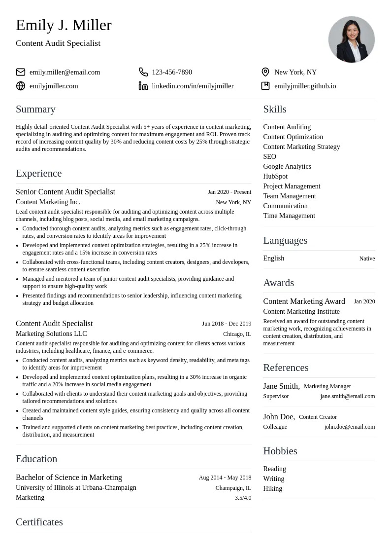 Content Audit Specialist resume example