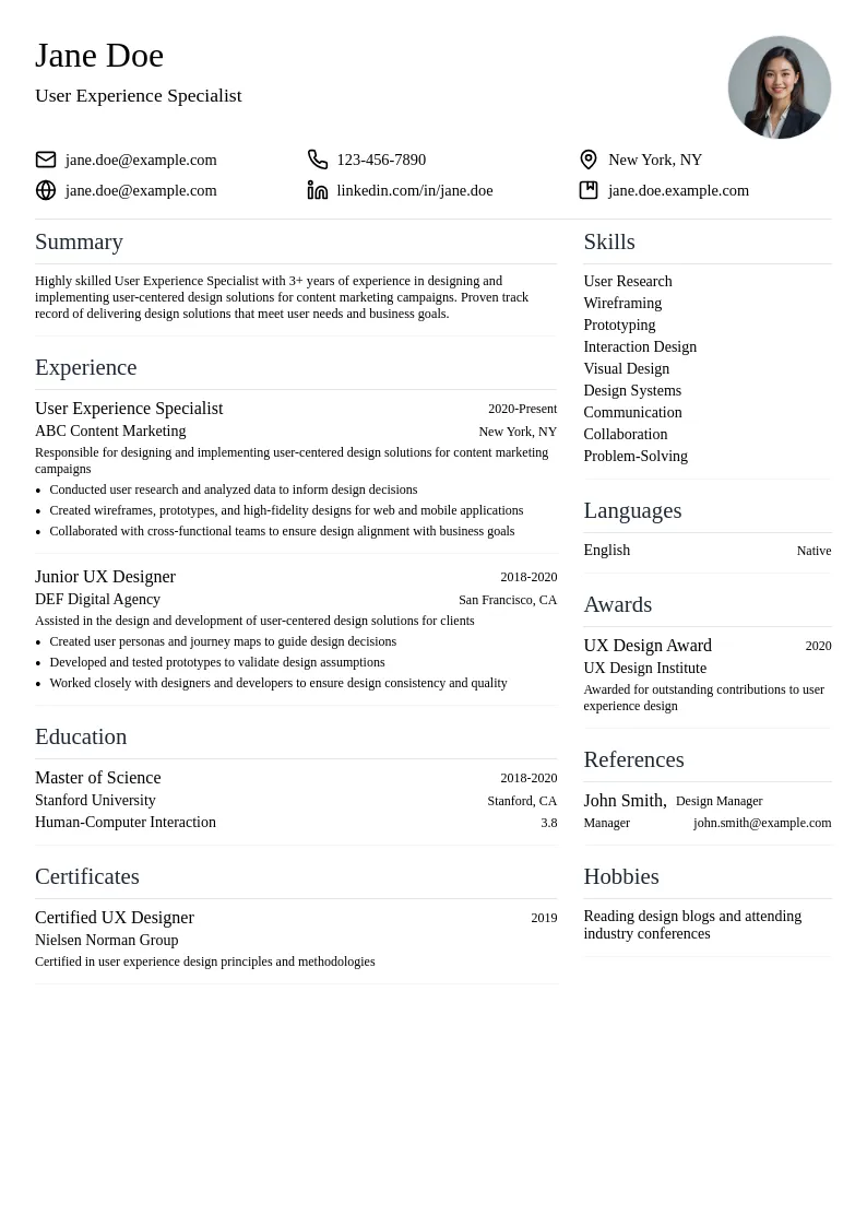 User Experience Specialist resume example
