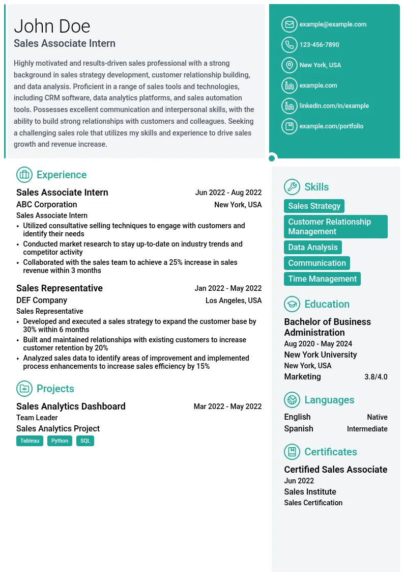 Sales Associate Intern resume example