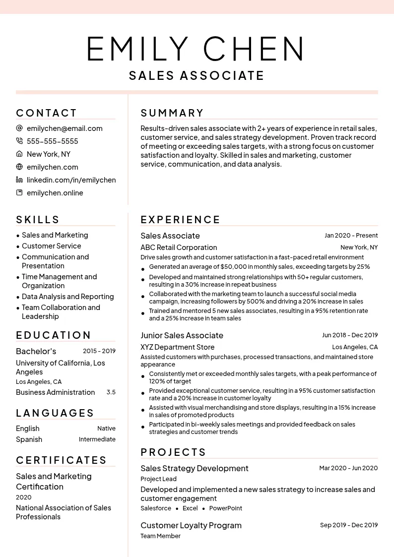 Sales Associate resume example