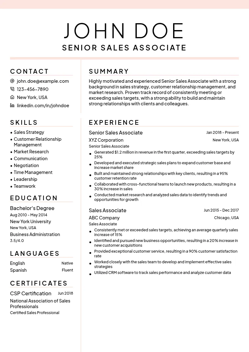 Senior Sales Associate resume example