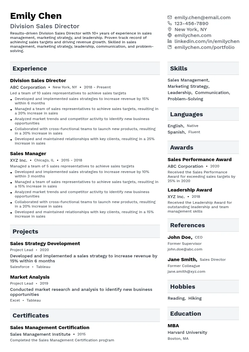 Division Sales Director resume example