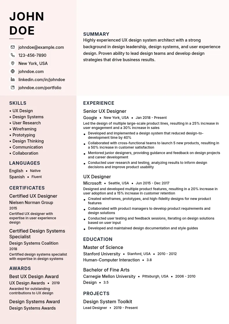 UX Design System Architect resume example