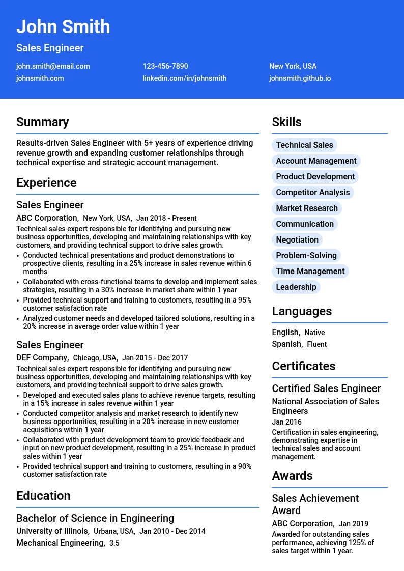 Sales Engineer resume example
