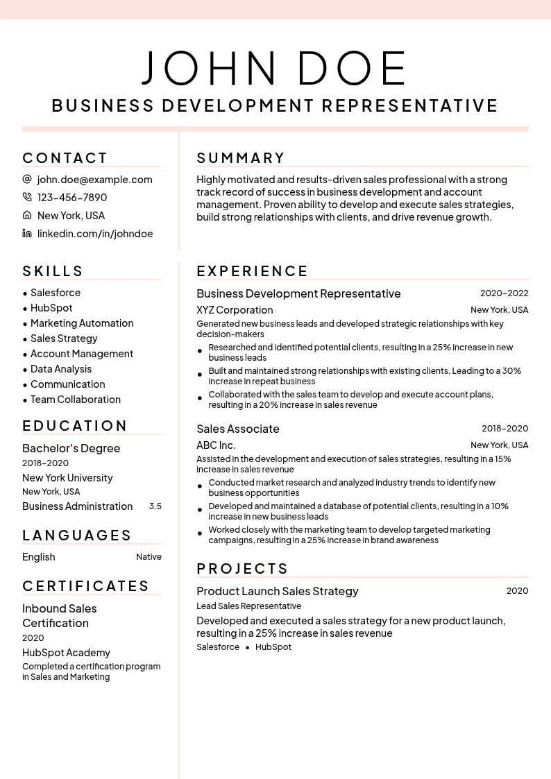Business Development Representative resume example