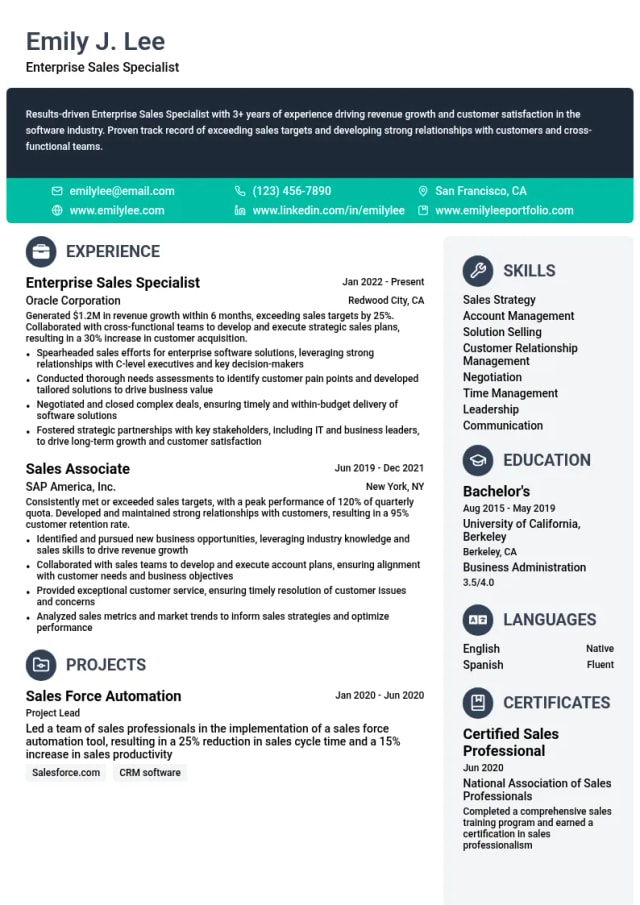 Enterprise Sales Specialist resume example