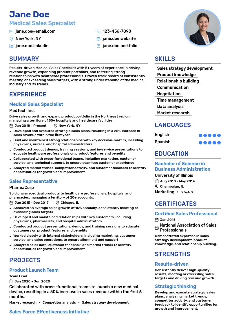 Medical Sales Specialist resume example