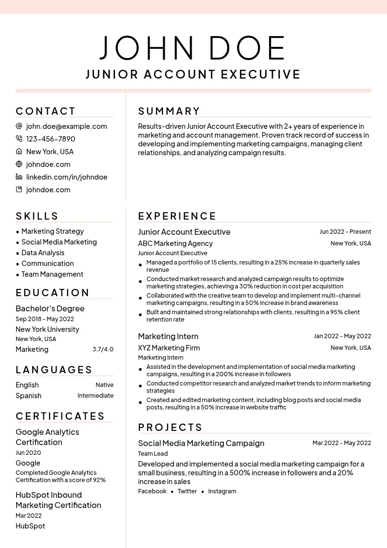 Junior Account Executive resume example