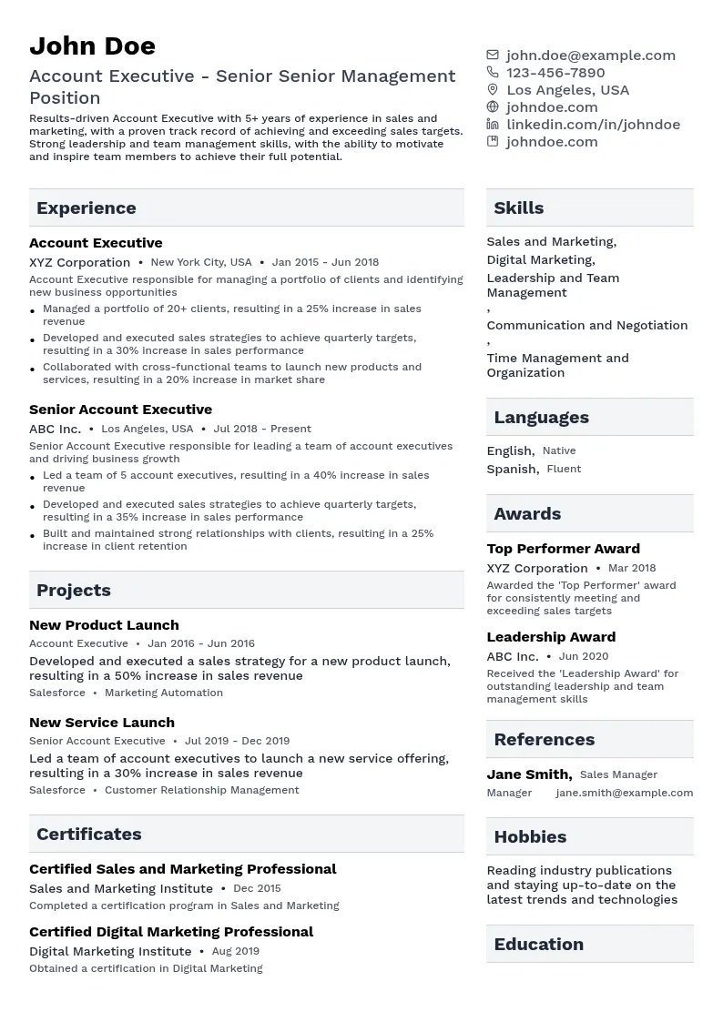 Account Executive - Senior Senior Management Position resume example