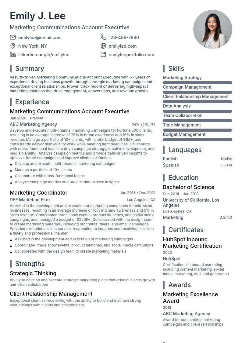 Marketing Communications Account Executive resume example